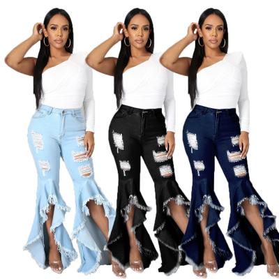 China Plus Size 3XL Women's Fashion Breathable Cotton Flare Jeans Stretch Hole Ripped Ruffled Jeans for sale