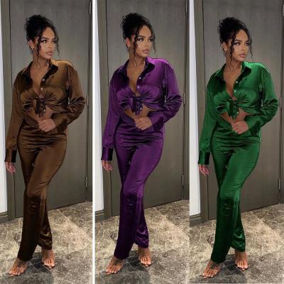 China QUICK DRY high quality satin blouse two-piece pants set outfit spring 2021 elegant women set clothes for sale