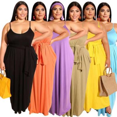 China 2021 summer viable hot sale pure color casual hanging wide loose dress long with belt large size women's dress for sale