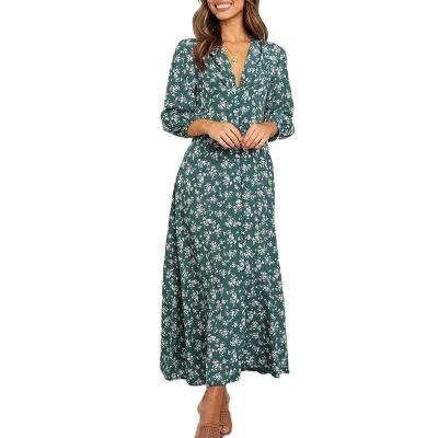 China 2021 Autumn New Anti-wrinkle Lantern Flower Long Sleeve Button High Waist Outdoor Casual Dress for sale