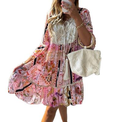 China 2021 Summer Anti-wrinkle V-neck lace sequin patchwork ladies floral print flared sleeve elegant dress dress for sale