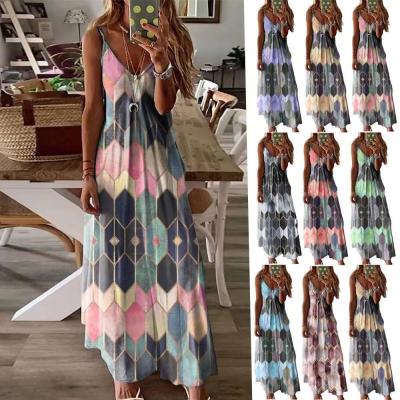 China 2021 New Women's Anti-Static Women's Color Long Camisole Dress Geometric Printing Skirt Long for sale