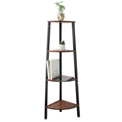 China Multifunctional Metal Frame 4 Layers Triangle Shelf Wood Panel Bookcase Standing Corner for sale