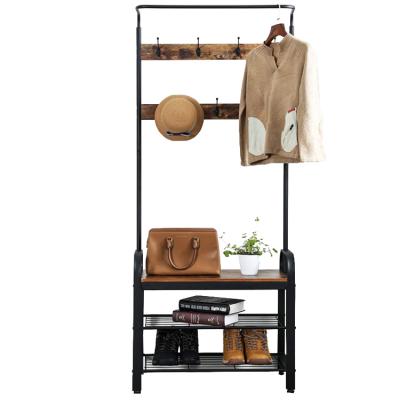 China Vintage Multifunctional 3-Tier Mesh Shoe Rack with Bench Hall Tree Clothing Hanging Storage Rack for sale