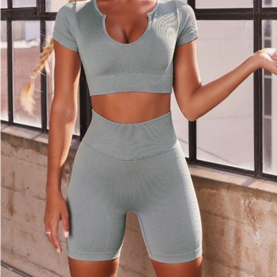 China Wholesale Breathable Women Gym Clothing Shorts Sleeve Crop Top And Suit Ladies Fitness Workout Yoga Short Set for sale