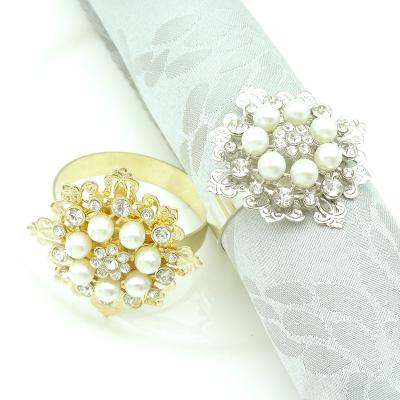 China Sustainable Refined Pearl Flower Decorations For Banquet Advanced Wedding Gold And Silver Metal Napkin Rings for sale