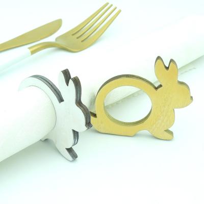 China Sustainable Table Decorations Gold And Silver Easter Bunny Wooden Bunny Napkin Ring for sale