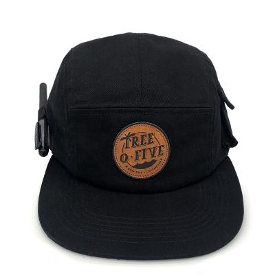 China COMMON Good Quality Plain Black Cotton Leather Strap Patch Logo 5 Panel Skate Cotton Pocket Dad Hat Cap Covers Hats With Pocket Pen Holder for sale