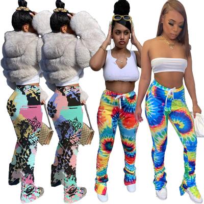 China Anti-pilling anti-pilling ladies casual tie die 2022 springs gear apparel womens flare pants women custom logo cotton pleated flares pants for women for sale