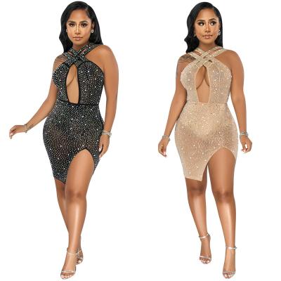 China Halter neck anti-static color anti-static women see summer mesh nightclub crystal sexy mature ladies dresses 2022 women's rhinestone mini dress for sale