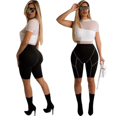 China 2022 Summer Viable Stylish Casual Sexy Mesh White Top And Black Bodycon Romper Shorts Women Fitness Bodycon Overalls Overalls for sale