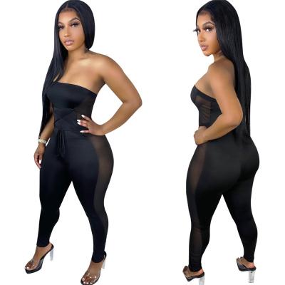 China 2022 Viable Mesh See Tight Overalls Sexy Cuffs New Arrivals Summer Long Wrap Women Viable Sleeveless Black Romper Ladies for sale