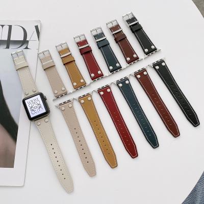 China Custom Fabric Reverse Loop With Genuine Top Layer Cowhide Leather Belt Wrist Smart Watch Strap Band For Apple Iwatch 7 6 5 4 3 2 1 for sale