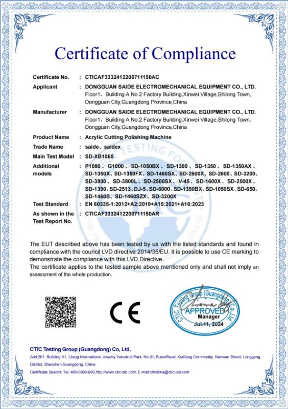 CE Certification-LVD - Dongguan Saide Electromechanical Equipment Co., Ltd.