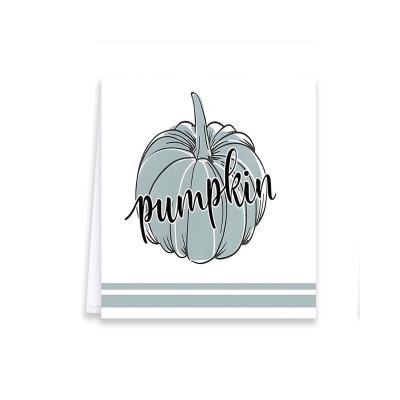 China Sustainable Autumn Blue Striped Watercolor Pumpkin Print Kitchen Dish Towel Customizable Microfiber Absorbent Dish Cloth for sale