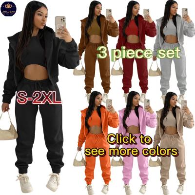 China Breathable fashionable hoodies and 3 piece women's autumn solid color sport tracksuit invest sweatpants and hoodie set for sale