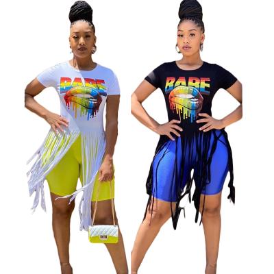 China 2022 Breathable Woman Tops Fashionable Lips Printed White Long Tassel T-shirt Dress Women Summer Printed T Shirts For Women for sale