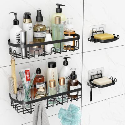 China New Sustainable 4 Pieces Adhesive Wall Mounted Shower Shelf With Hook And Soap Rack Anti Corrosion For Kitchen Bathroom Living Room for sale