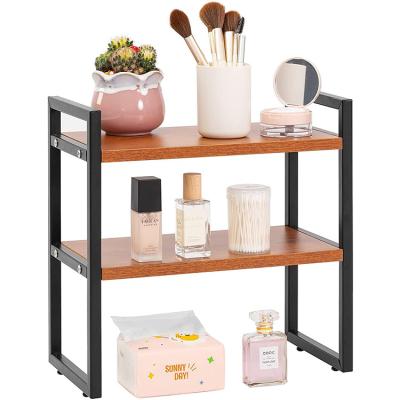 China Multifunctional 2 Layer Countertop Spice Rack Cosmetic Shelf Bedroom Wooden Kitchen Desktop Bathroom Storage Rack for sale