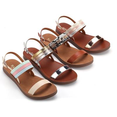 China Ankle Strap Anti-Slip Adjustable PU Customize Bling Candy Color Women's Casual Flat Sandals for sale