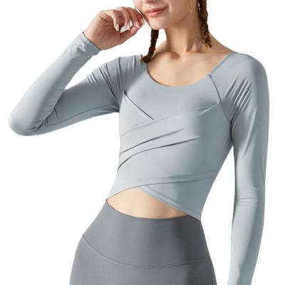 China Breathable Cross-Pleated Long Sleeve Yoga Wear Fashion Sports Fitness Wear Women Slimming Tops for sale