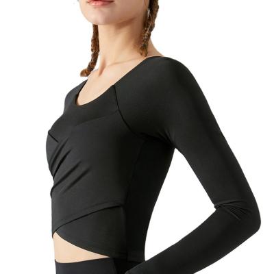 China Breathable Cross-Pleated Long Sleeve Yoga Wear Fashion Sports Fitness Wear Women Slimming Tops for sale