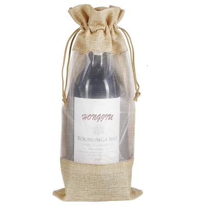 China Wholesale Custom Reusable Simple Wine Bag Wine Bottle Carrier Muslin Burlap Drawstring Wine Bags Logo Print Congratulations Party Favors for sale