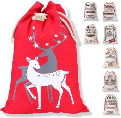 China Christmas Reindeer Anti-theft Canvas Santa Bags Kids Large Bags with Drawstring for Christmas Party for sale