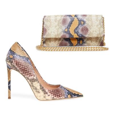 China Ankle Toe Stiletto Heel Snake-Print Pointed High Heel Pumps Ladies Shoes And Bags Assortment for sale