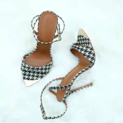 China Lightweight High Quality Women Heel Shoes Ankle Strap Fabric Heels Gold Tip Fashion Shoes Ladies High Heels for sale