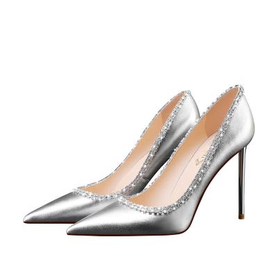 China Prairie Lightweight Elegant Metallic Women's Handmade Pump Shoes Luxury Point Toe Strap Faux Stone Thin High Heels Women Pumps Shoes for sale