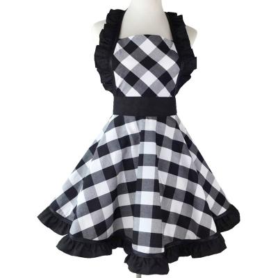 China New Retro Fashion Cotton Plaid Large Swing Dress Apron Kindergarten Club Washable Home Kitchen Cleaning Apron for sale