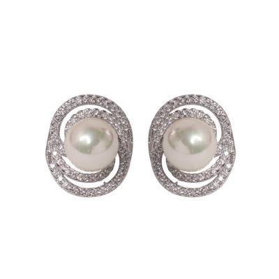 China CLASSIC Design Unique Oval Double Circle Pearl Earrings 925 Sterling Silver Wedding Stud Earrings for sale