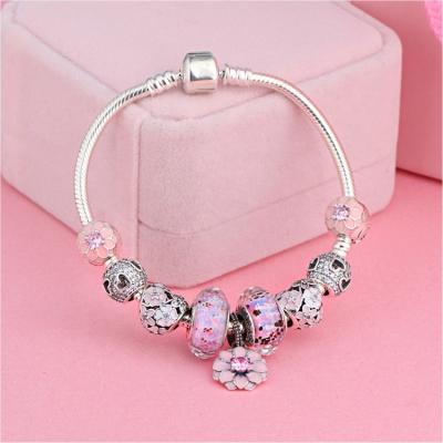 China Fashion Charm Bracelet 925 Silver Lotus Flower Charm Trendy Hot Selling Pink Bracelet for sale