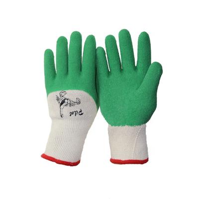 China Latex Coated Polyester Knitted Gloves 10 Gauge Green Latex Coated To Crinkle Finished Work Gloves for sale