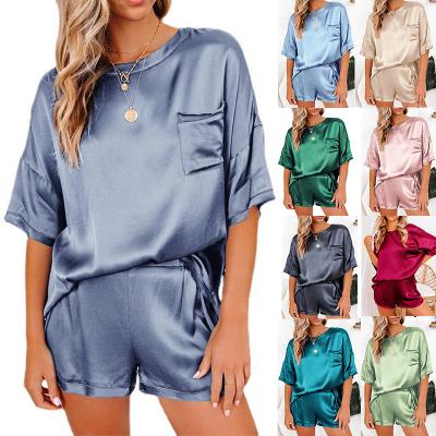 China Solid 2 Piecepajama Women Casual Summer Korean High Quality Round Neck Satin Shorts Sleeves Tops Silk Sleepwear Shorts Set for sale