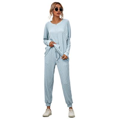 China Long Sleeve Women Cotton Lounge Solid O-Neck Solid QUICK DRY Knitting Casual Two Piece Pajamas Set Black Ribbed Woman Nightgowns for sale