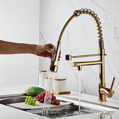 China American Style Modern All-Copper Pull-Out Kitchen Faucet Double Outlet Faucet Hot And Cold Gold for sale