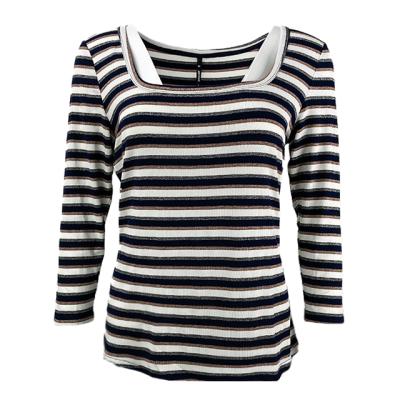 China 2021 New Design Ladies Casual Stripe Rib Blouse Fashion Breathable Tops With Gold Thread T-shirt for sale