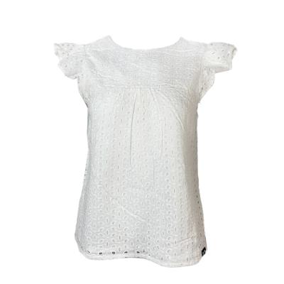 China Fashion Breathable Tops Ladies Clothing Women Casual Shirt Ruffles Tie Sleeveless White Bow Blouse Embroidery White Cotton Lining for sale