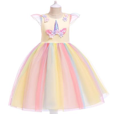 China Anti-wrinkle Kids Love Dress Child Short Sleeve Lace Girls Dress Cartoon Unicorn Rainbow Tutu Mesh Kid Dress for sale