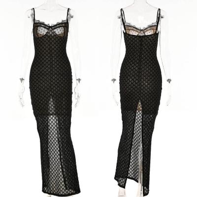 China 2023 Summer Breathable Lace Patchwork Double Slit Bodycon Sexy Long Dress Party Elegant Club Maxi Evening Dresses Black Slim Women for sale