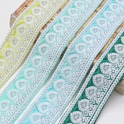 China Width 5.3 Cm Sustainable Ethnic Style Lace Ribbon Leaves Sequins Barcode Gold Thread Tied Embroidery Lace Trim For Clothing Cuff Collar for sale