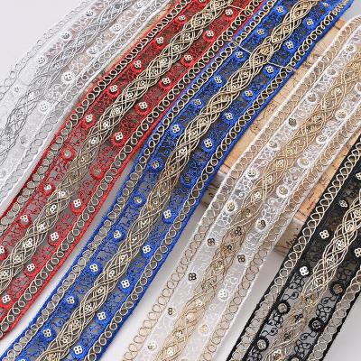 China Sustainable Hot Selling Garment Sequin Embroidered Voile Lace Trimming For Ethnic Style Clothing for sale