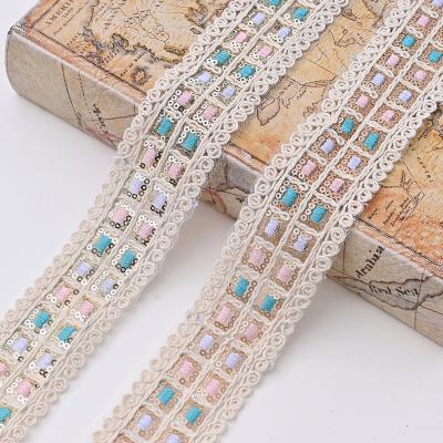 China Charming Sustainable 4.5cm Embroidered Polyester Cotton Lace Trim Voile Embroidery Lace Up Fabric For Women Mesh Sequin Lace Colorful for sale