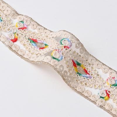 China 5.1Cm Width Style Lace Ribbon Sequin Barcode Embroidery Lace Ethnic Viable Gold Tied Trim For Traditional Costume Cuff for sale