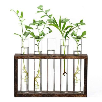 China Eco-Freindly Hydroponic Vase Propagation Station 5 Test Tubes Plant Pot With Wooden Rack Glass For Office Home Decoration Plant Stand for sale