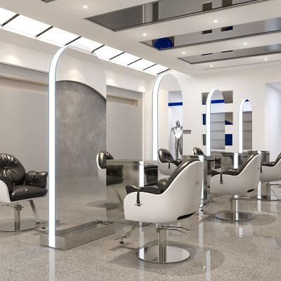 China Modern Hot Selling Floor Standing Double Sided Curved Mirror With Led Light For Barber Shop Clothing Store And Beauty Salon for sale