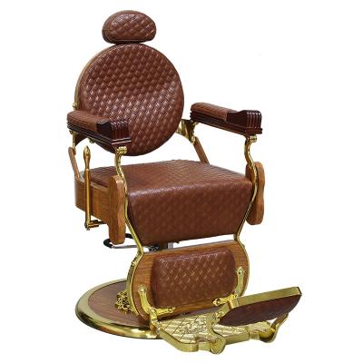 China New Traditional Orange Textured Leather Barber Chair Retro Gold Plated Base Can Be Flipped For Barber Shop for sale