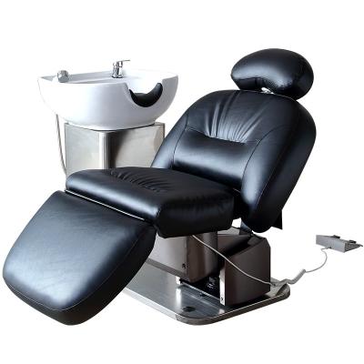 China Traditional factory made electric swivel shampoo chair bed with white ceramic bowl for barber shop and beauty salon for sale